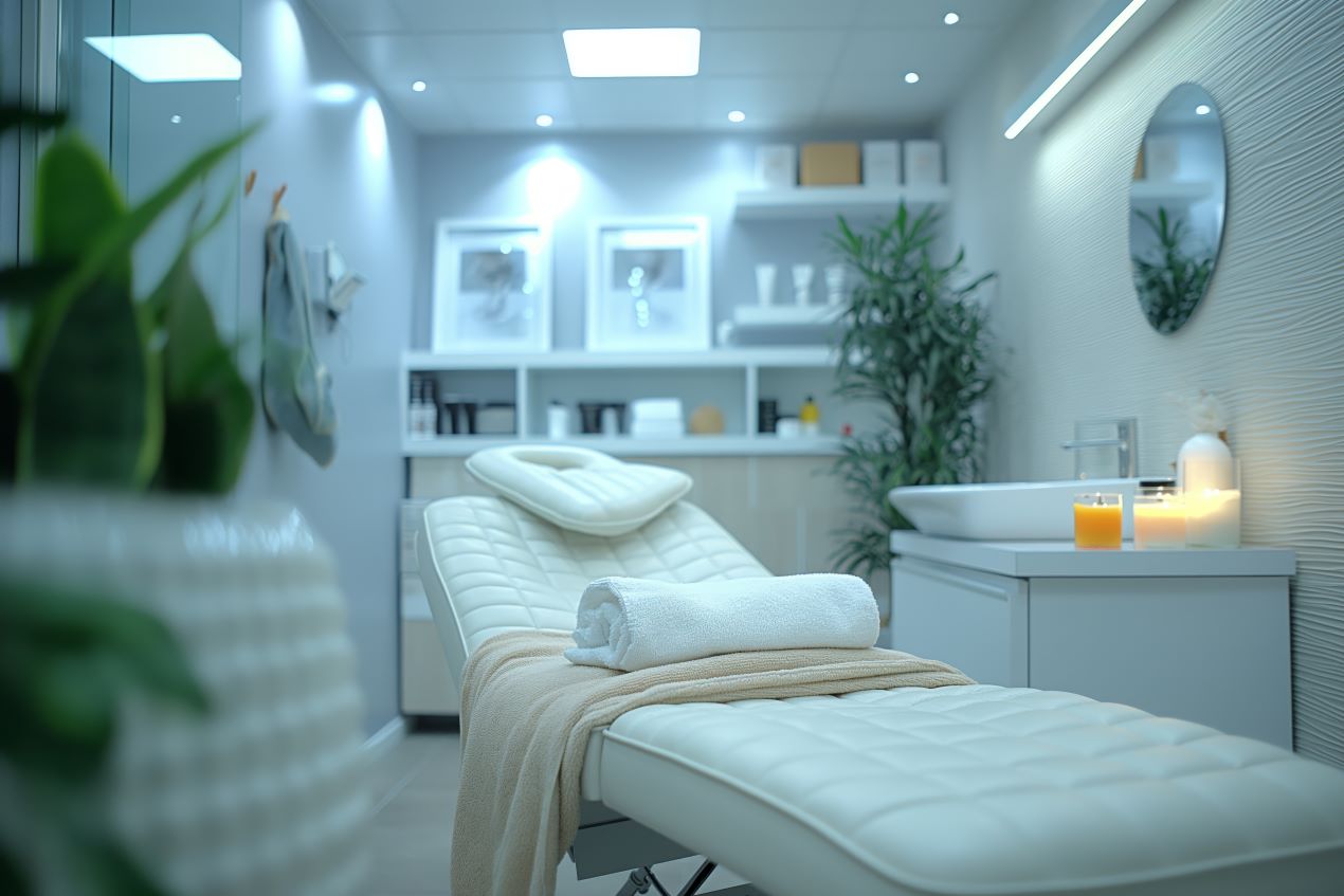 Elegante weiße Therapieliege mit weicher Polsterung in einem stilvollen Spa- und Wellness-Raum mit Handtuch und Kerzen.
