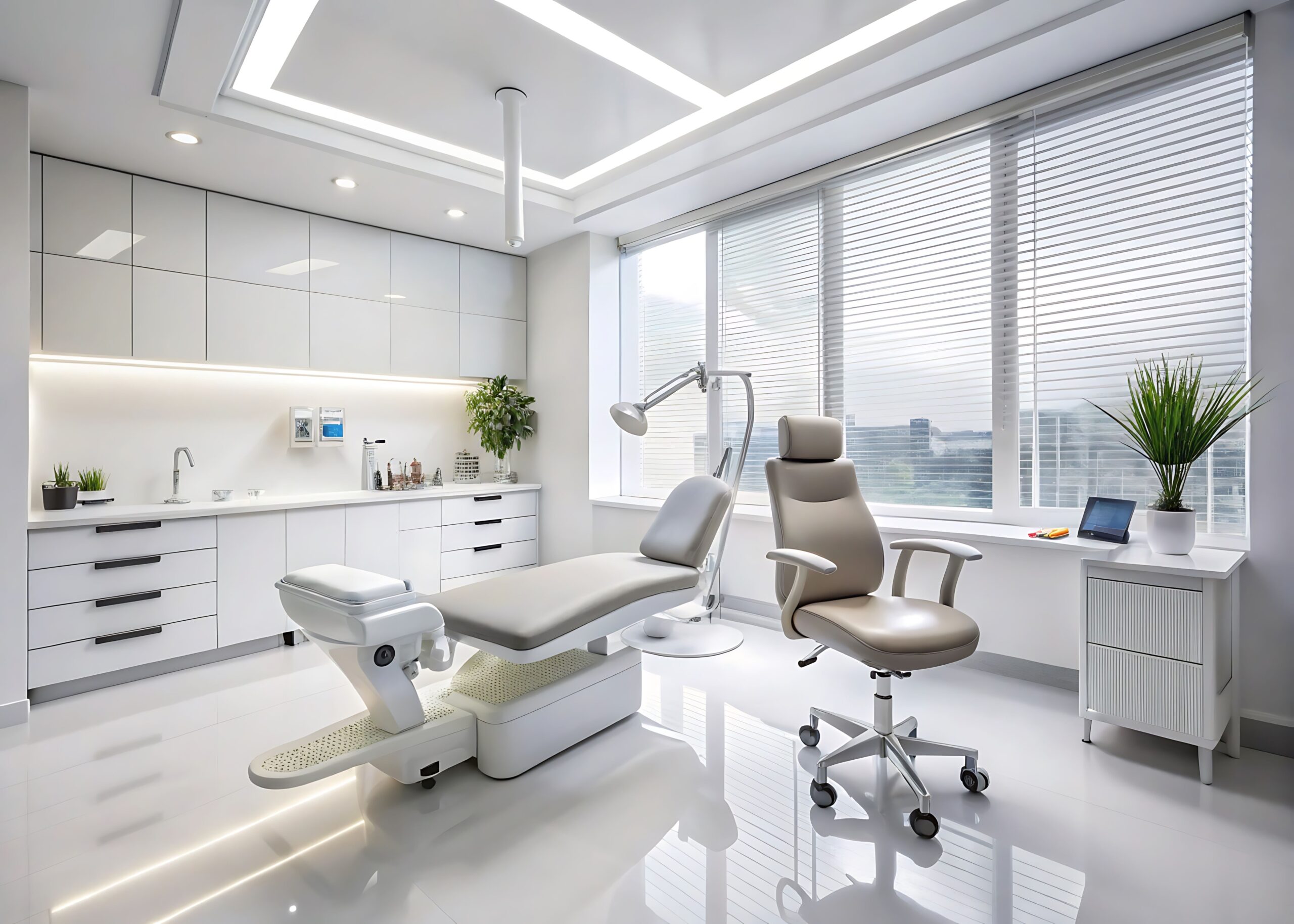 Moderner Untersuchungsstuhl in heller Arztpraxis mit ergonomischer Ausstattung