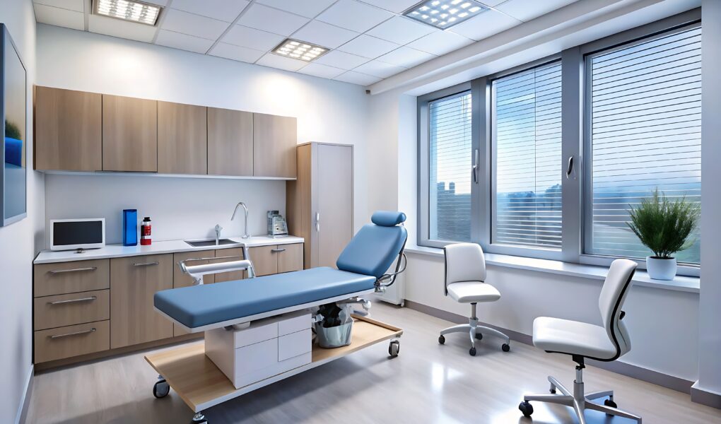 Moderner Untersuchungsstuhl in heller, gut ausgestatteter Arztpraxis