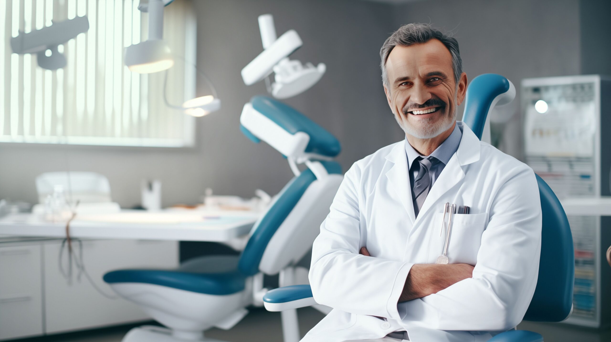 Lächelnder Arzt vor einem modernen Untersuchungsstuhl in technisch ausgestatteter Praxis