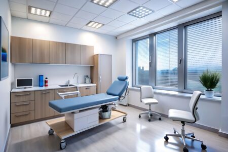 Moderner Untersuchungsstuhl in heller, gut ausgestatteter Arztpraxis