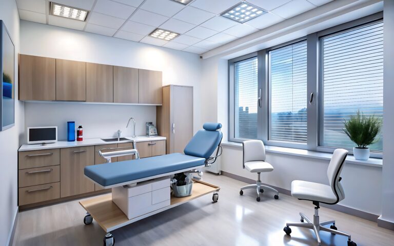 Moderner Untersuchungsstuhl in heller, gut ausgestatteter Arztpraxis